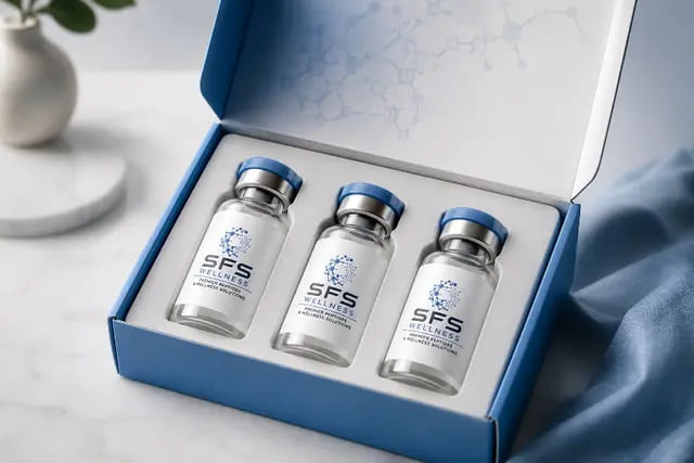 A boxed set of three SFS Wellness vials